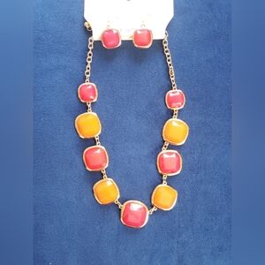 Vibrant Red and Orange Necklace with Earrings